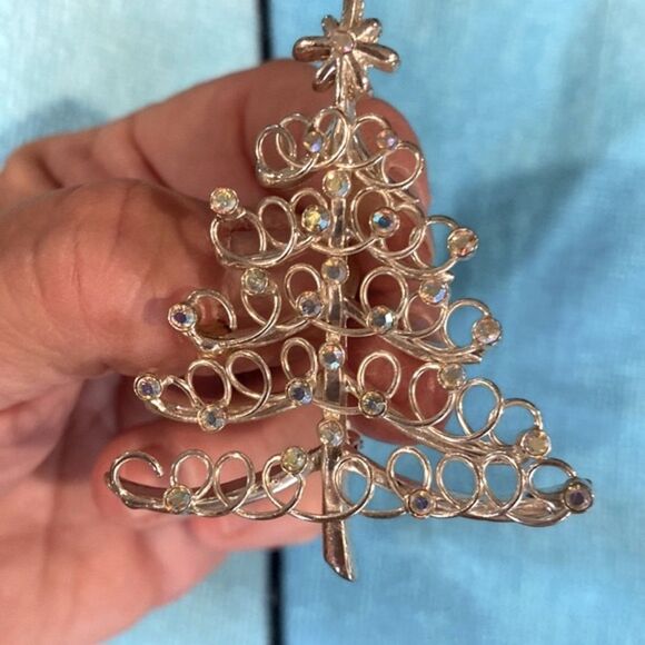 Silver Christmas Tree Brooch Pin with Iridescent Crystals - Picture 5 of 9